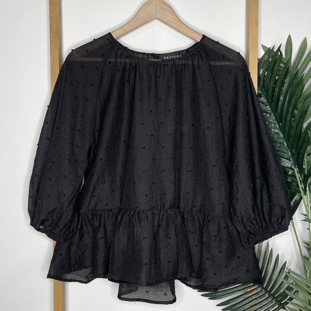 NWT Decjuba Black Harper Puff Sleeve Top Blouse Size S Cotton Blend Sheer Dobby - Picture 1 of 9